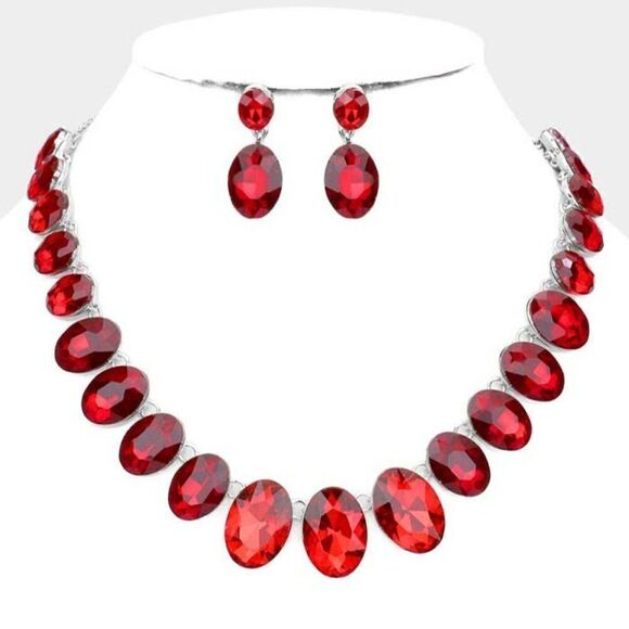 Oval Red Crystal Link Evening Silver Necklace Set - Picture 1 of 6